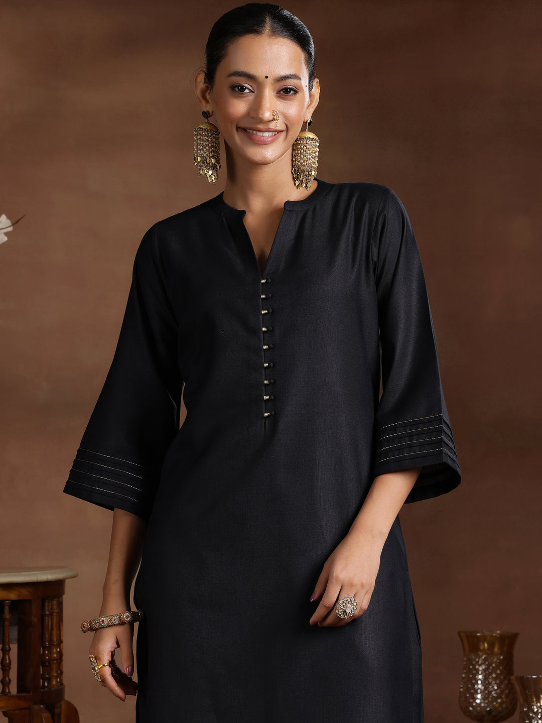 Black Solid Cotton Blend Straight Suit With Dupatta