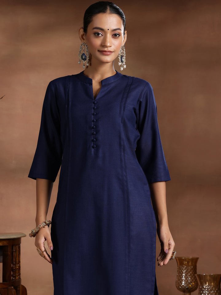 Navy Blue Solid Cotton Blend Straight Suit With Dupatta
