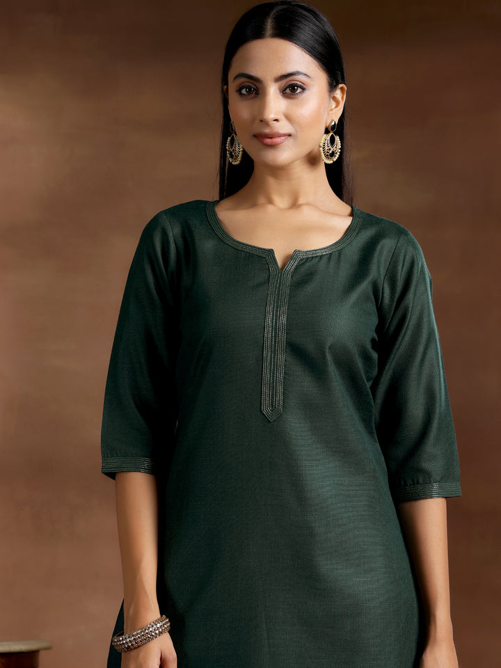 Green Solid Cotton Blend Straight Suit With Dupatta