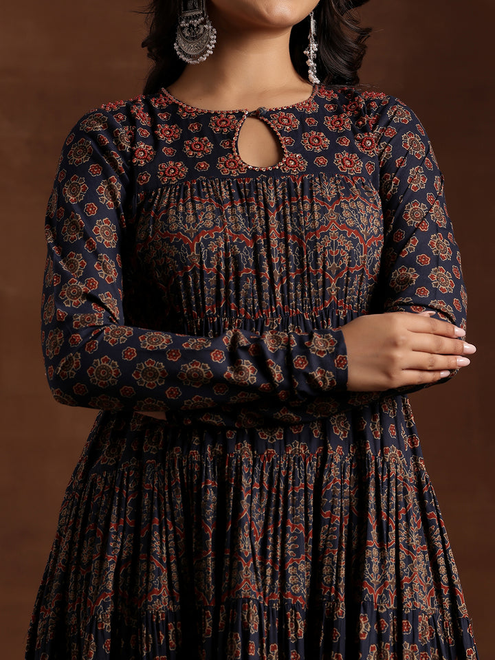 Blue Printed Cotton Anarkali Suit With Dupatta