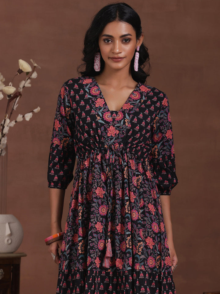 Black Printed Cotton A-Line Dress