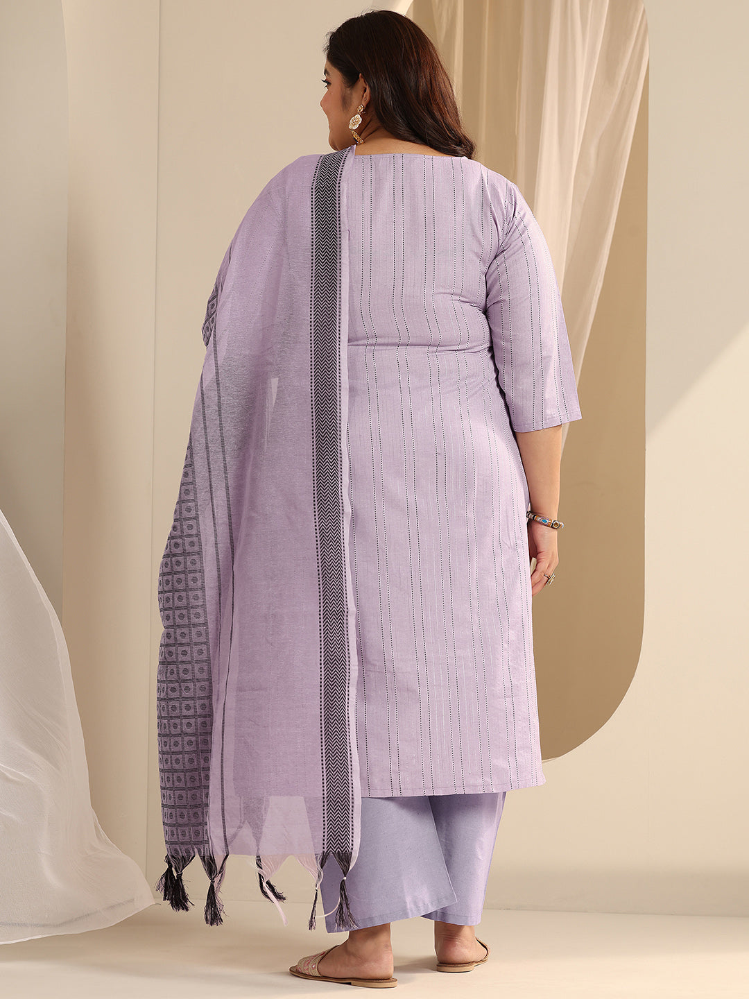 Plus Size Lavender Woven Design Cotton Blend Straight Suit Set With Dupatta