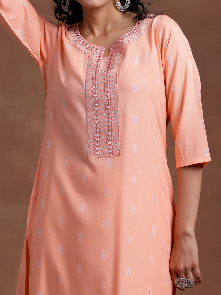 Peach Woven Design Cotton Straight Kurta