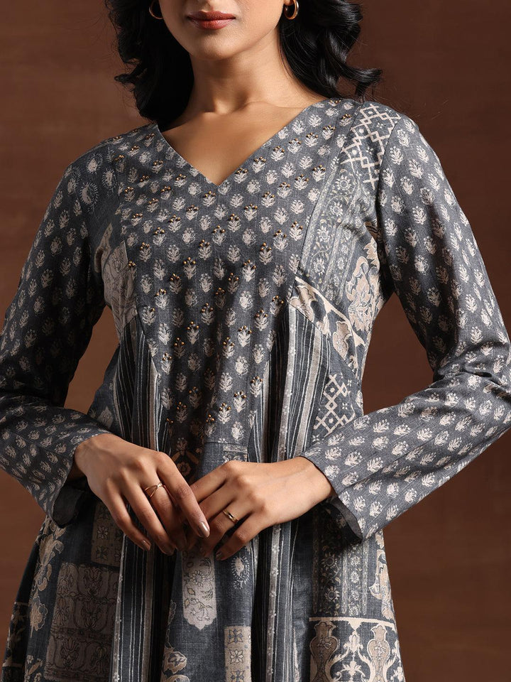 Grey Printed Cotton Blend A-Line Dress