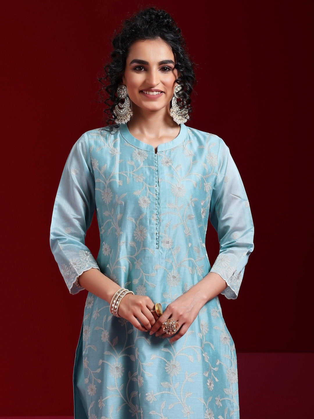 Libas Art Blue Embroidered Chanderi Silk Straight Suit With Dupatta