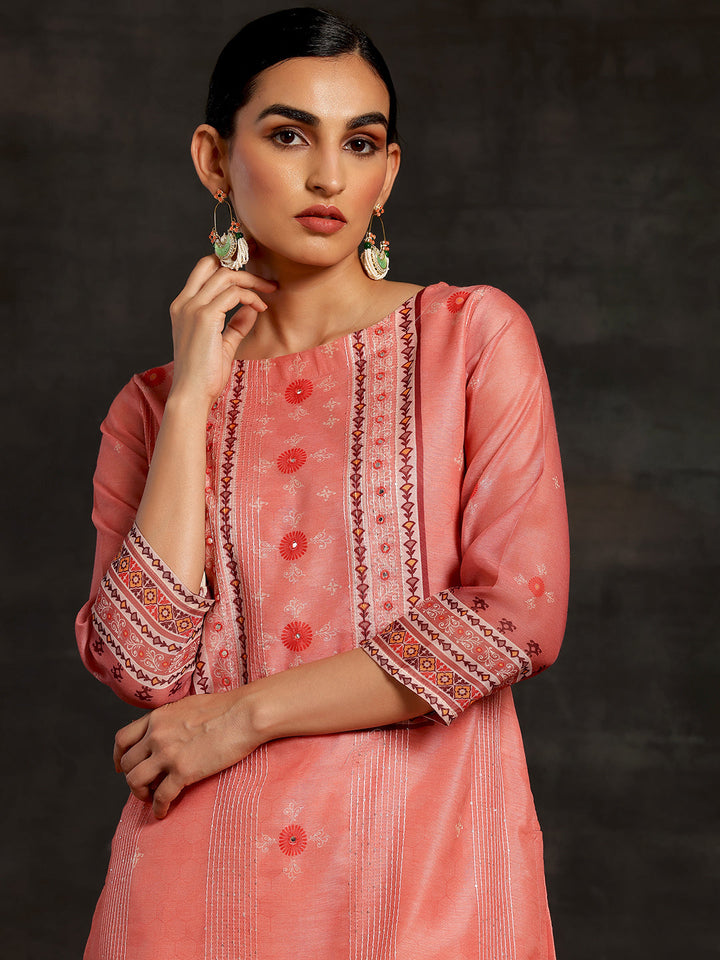 Pink Embellished Chanderi Silk Straight Kurta