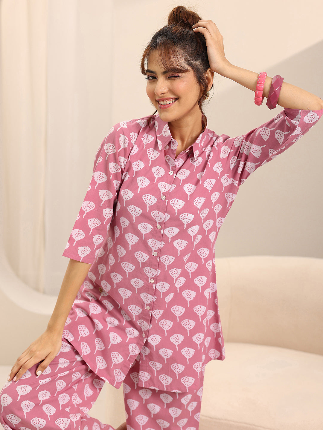 Pink Printed Cotton Night Suits