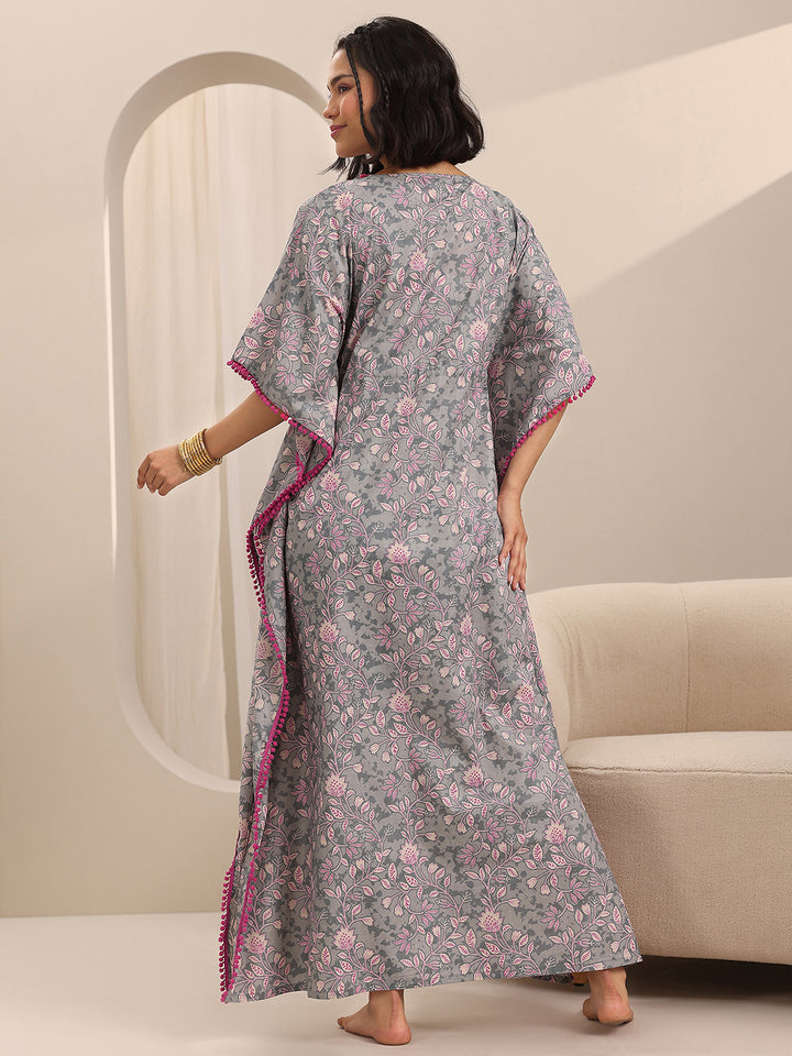 Grey Printed Cotton Kaftan Night Dress