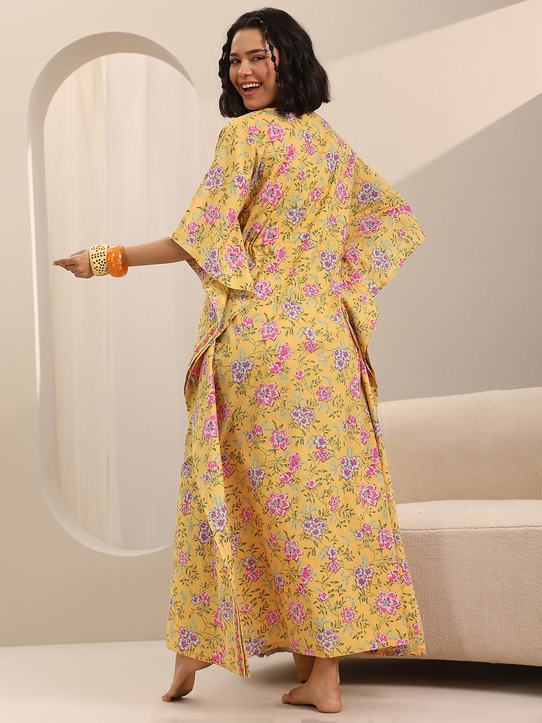 Yellow Printed Cotton Kaftan Night Dress
