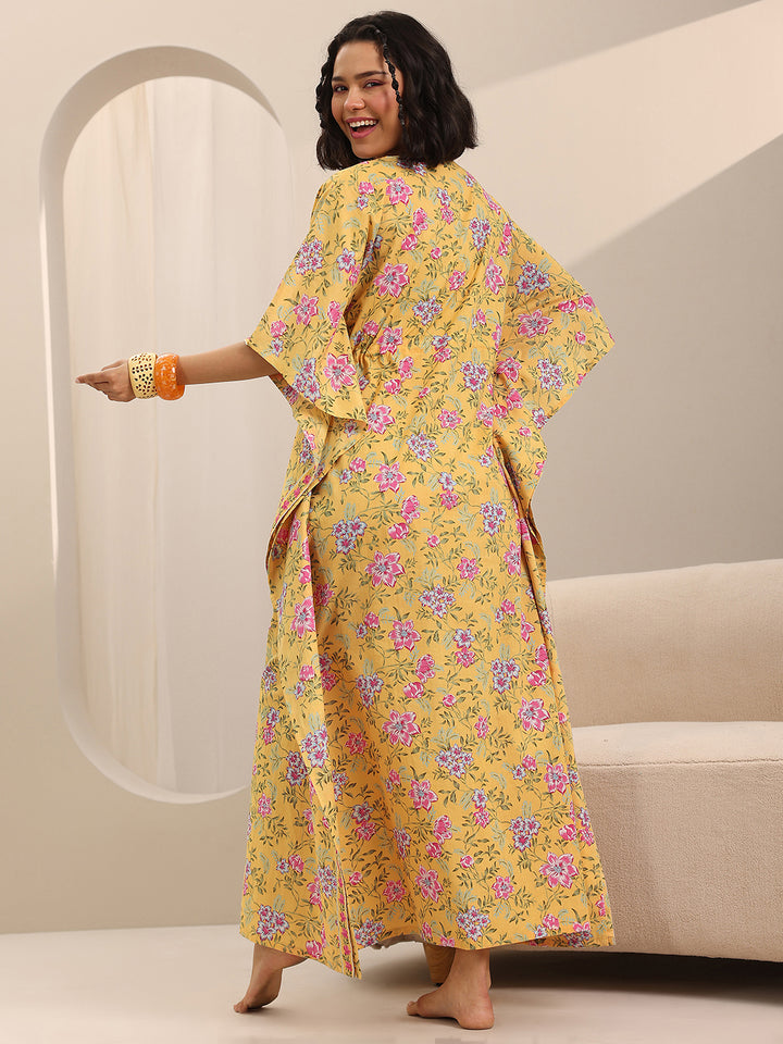 Yellow Printed Cotton Kaftan Night Dress
