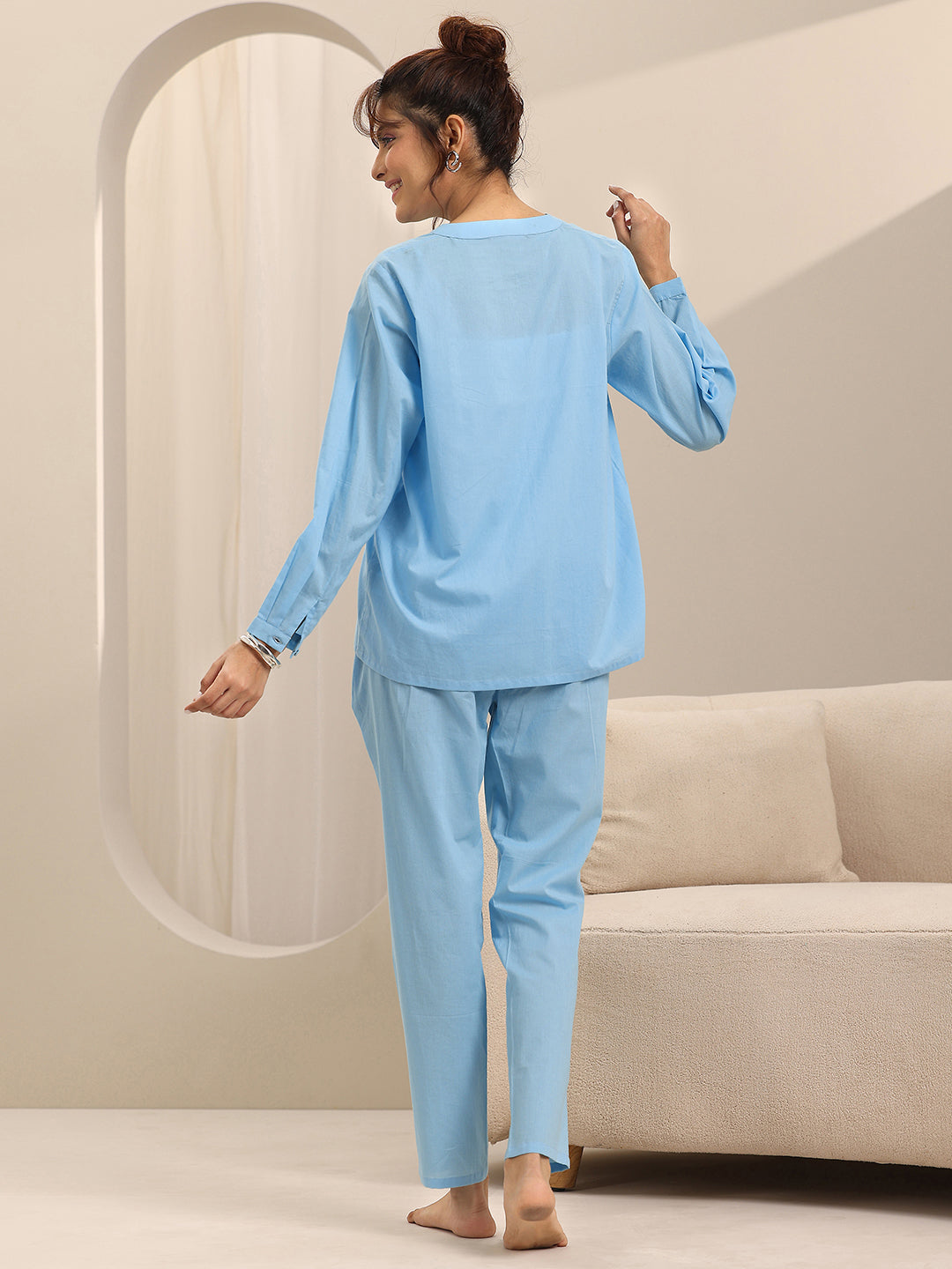 Blue Solid Cotton Night Suits