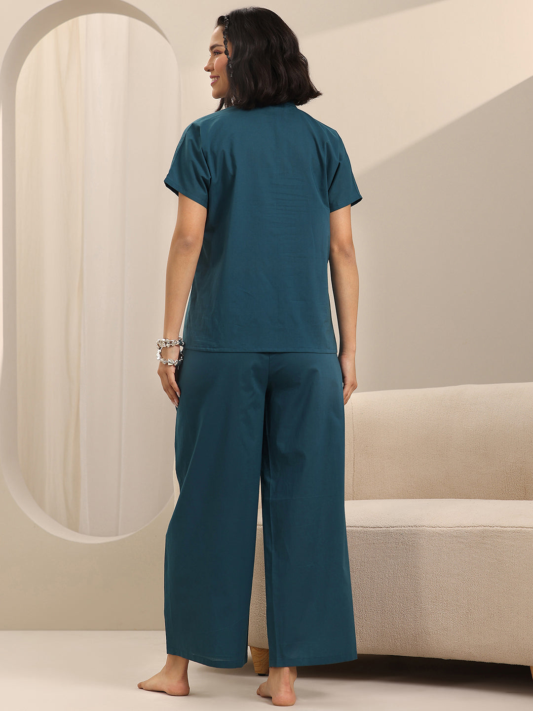 Teal Solid Cotton Night Suits