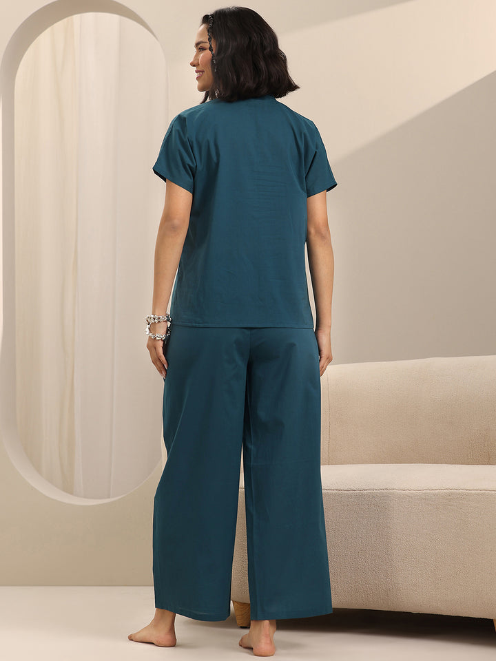 Teal Solid Cotton Night Suits