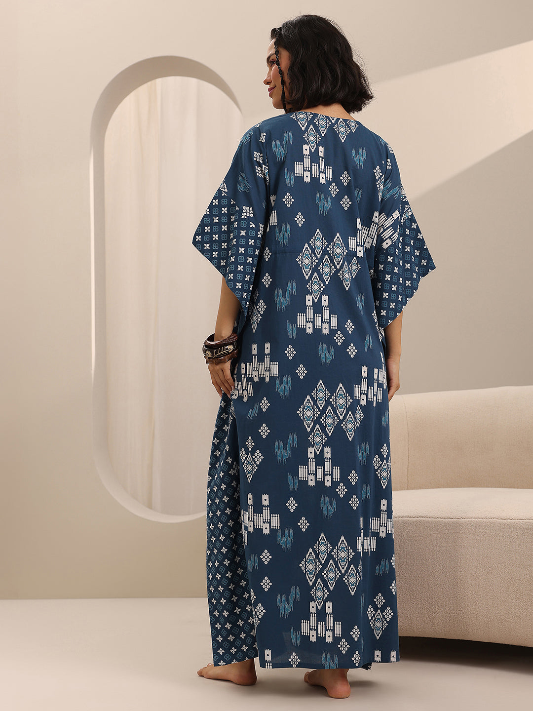 Blue Printed Cotton Kaftan Night Dress