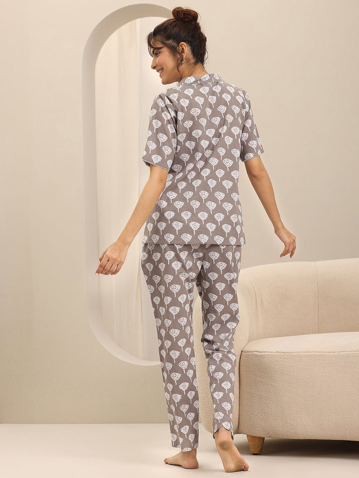 Grey Printed Cotton Night Suits