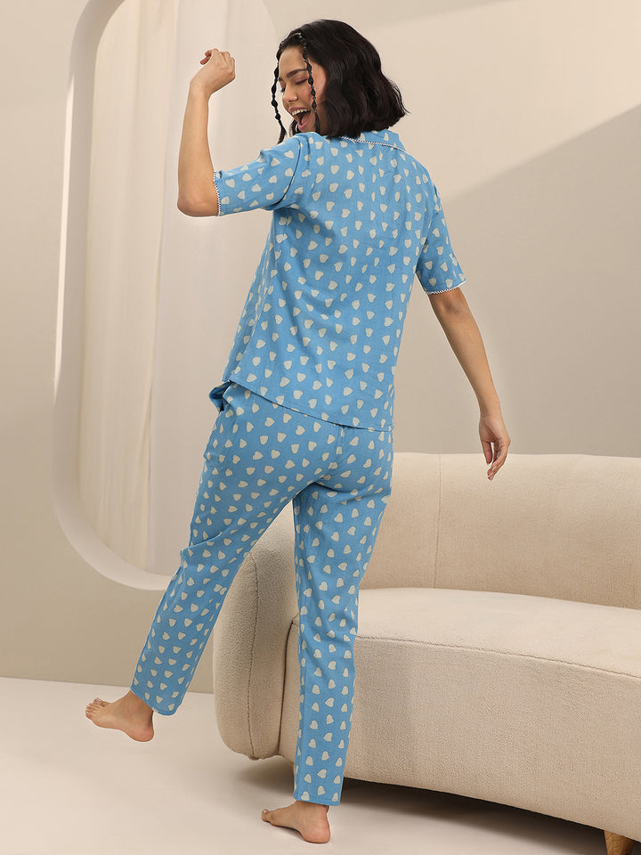 Blue Printed Cotton Night Suits