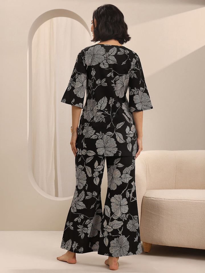 Black Printed Cotton Night Suits