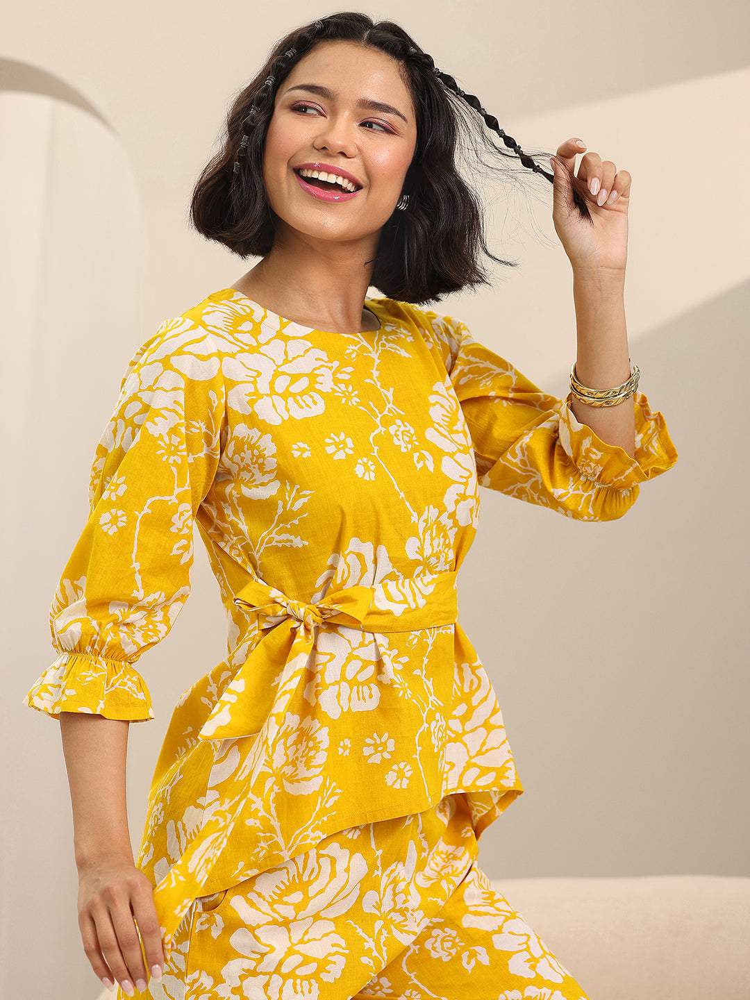 Yellow Printed Cotton Night Suits