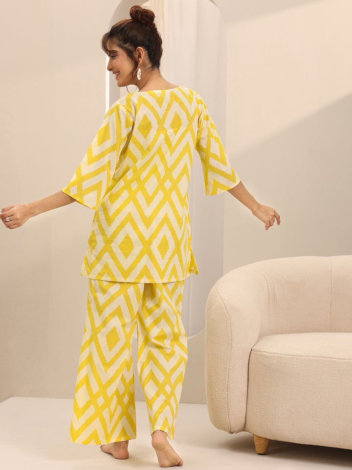Yellow Printed Cotton Night Suits