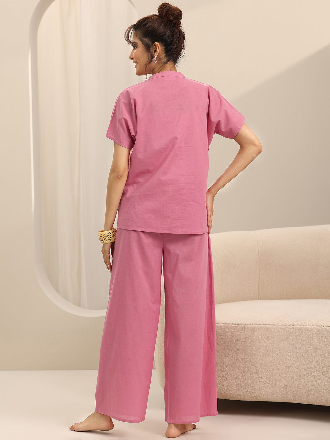 Pink Solid Cotton Night Suits