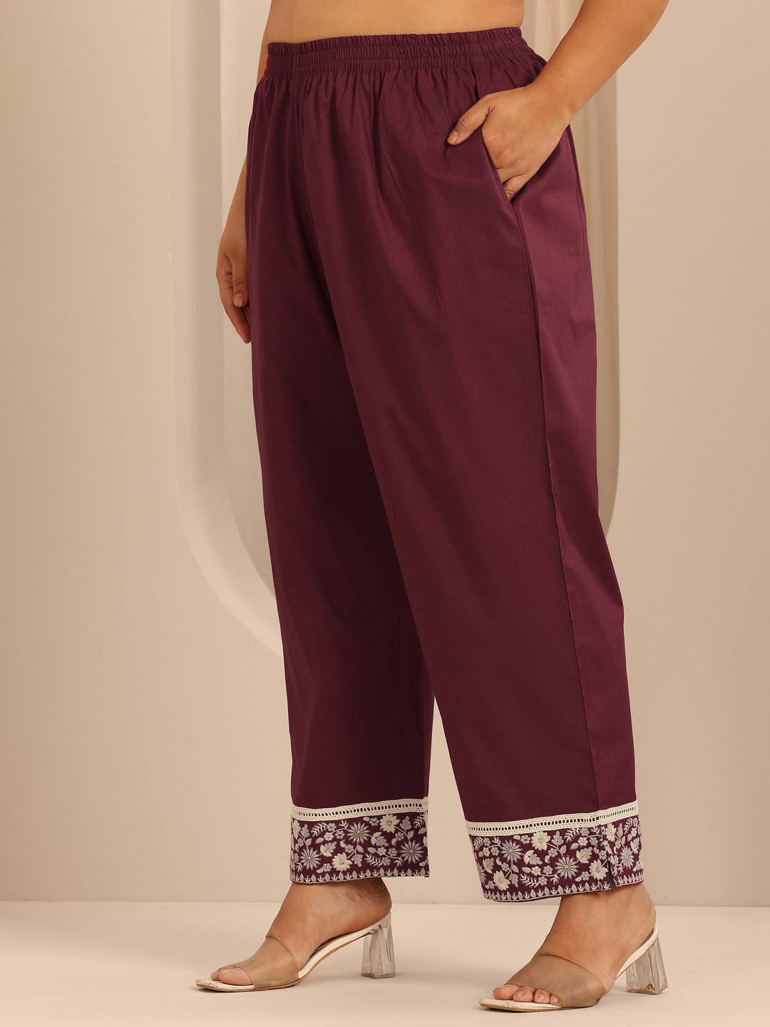 Plus Size Maroon Embroidered Cotton Straight Suit Set With Dupatta