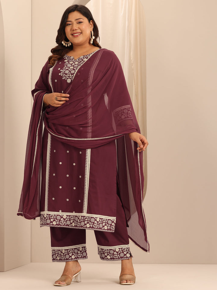Plus Size Maroon Embroidered Cotton Straight Suit Set With Dupatta