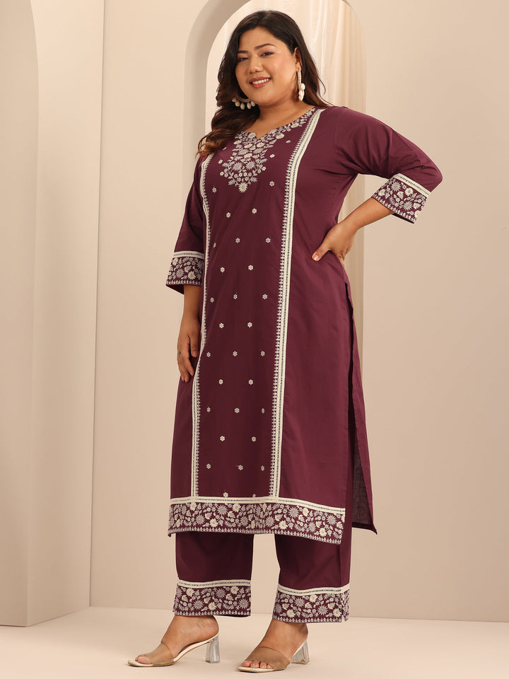 Plus Size Maroon Embroidered Cotton Straight Suit Set With Dupatta