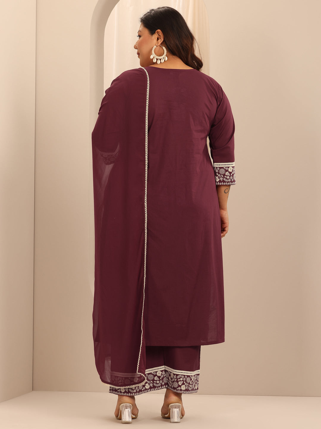 Plus Size Maroon Embroidered Cotton Straight Suit Set With Dupatta