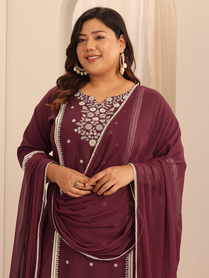 Plus Size Maroon Embroidered Cotton Straight Suit Set With Dupatta