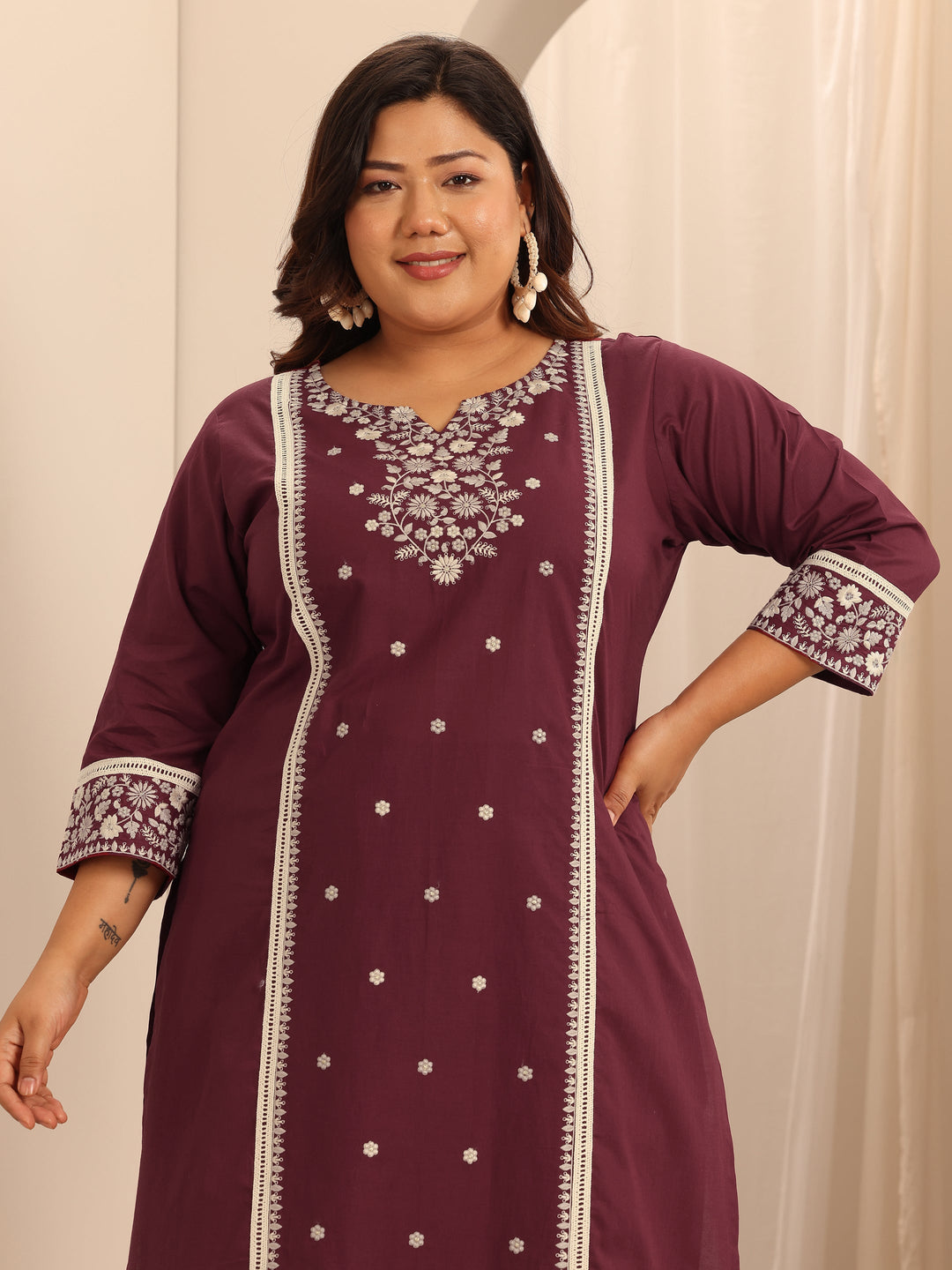 Plus Size Maroon Embroidered Cotton Straight Suit Set With Dupatta