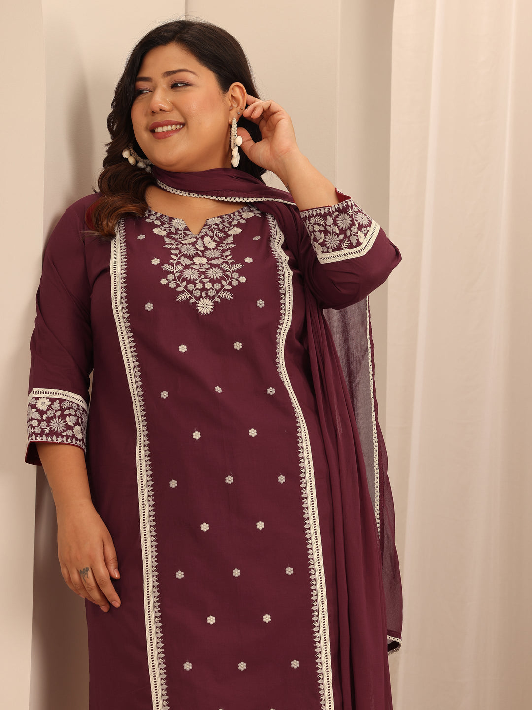 Plus Size Maroon Embroidered Cotton Straight Suit Set With Dupatta