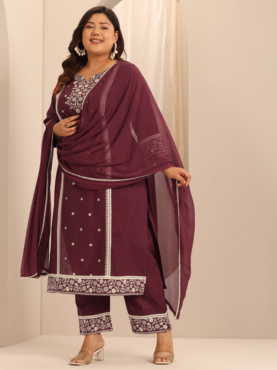 Plus Size Maroon Embroidered Cotton Straight Suit Set With Dupatta