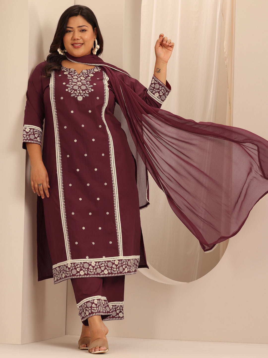 Plus Size Maroon Embroidered Cotton Straight Suit Set With Dupatta