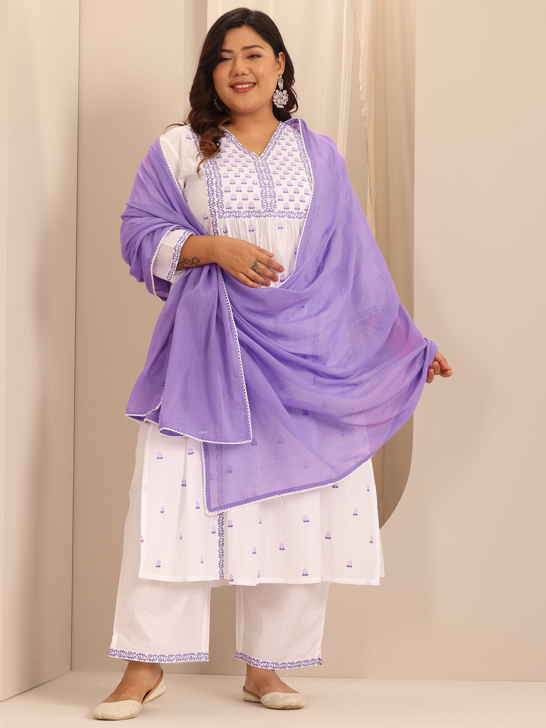 Plus Size White Embroidered Cotton A-Line Suit Set With Dupatta