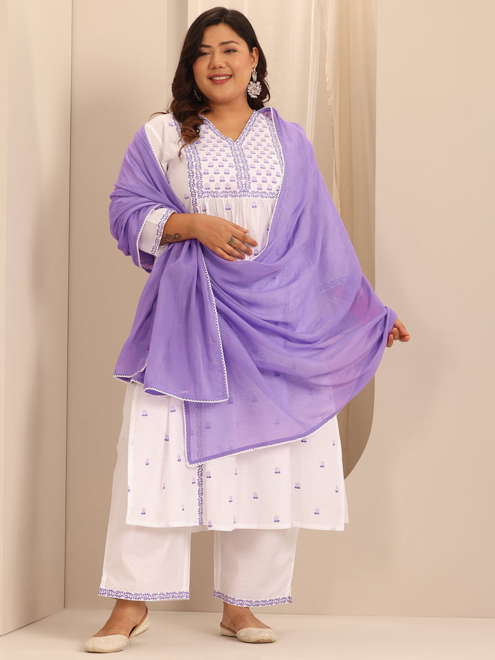 Plus Size White Embroidered Cotton A-Line Suit Set With Dupatta