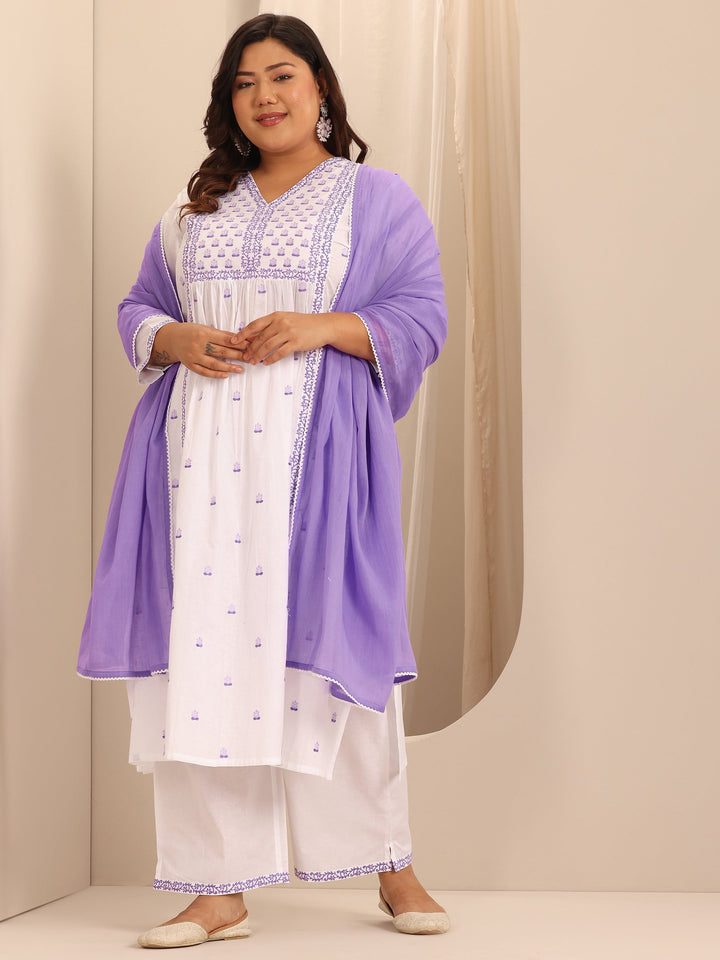 Plus Size White Embroidered Cotton A-Line Suit Set With Dupatta