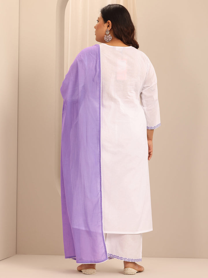 Plus Size White Embroidered Cotton A-Line Suit Set With Dupatta