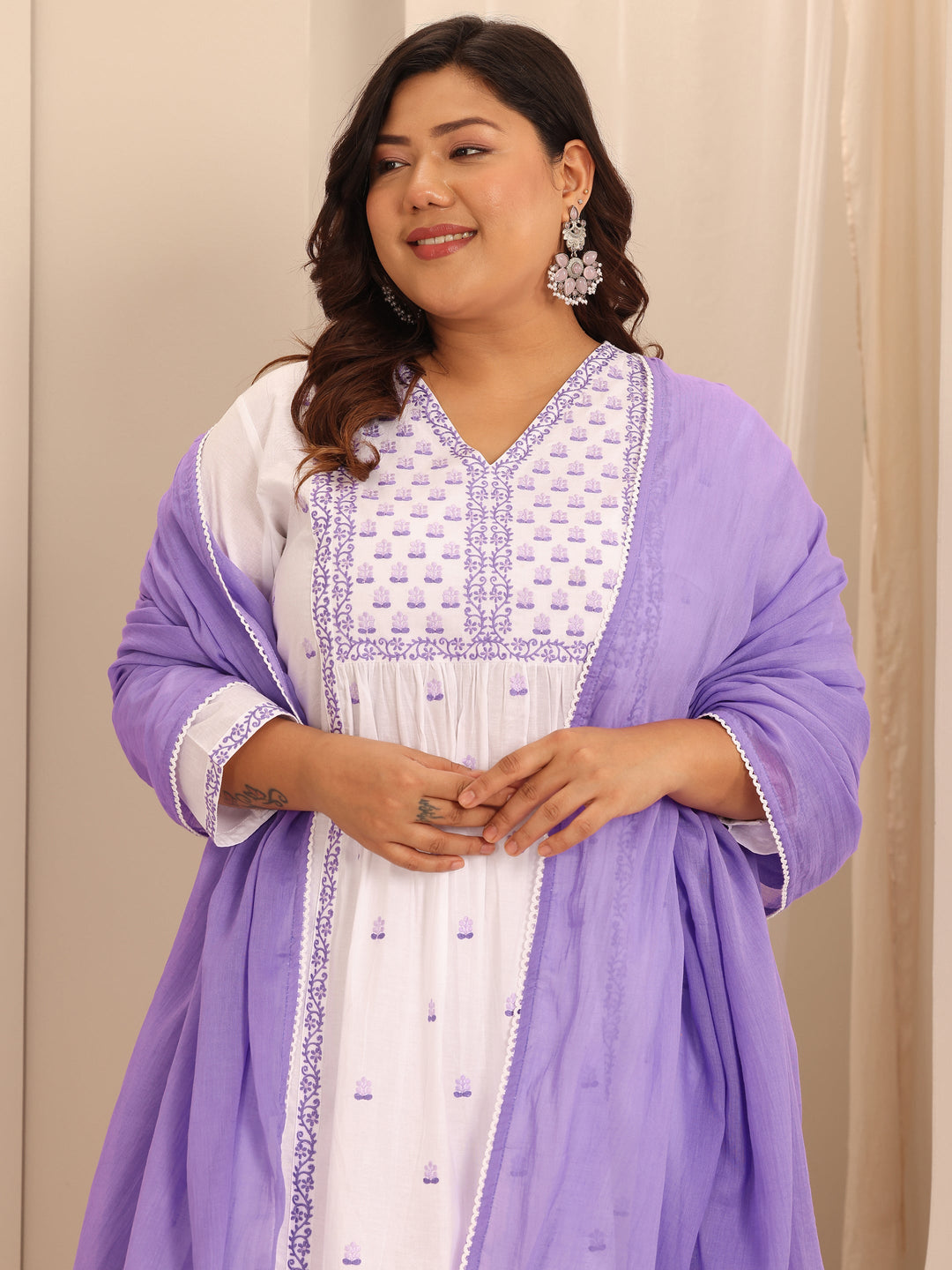 Plus Size White Embroidered Cotton A-Line Suit Set With Dupatta