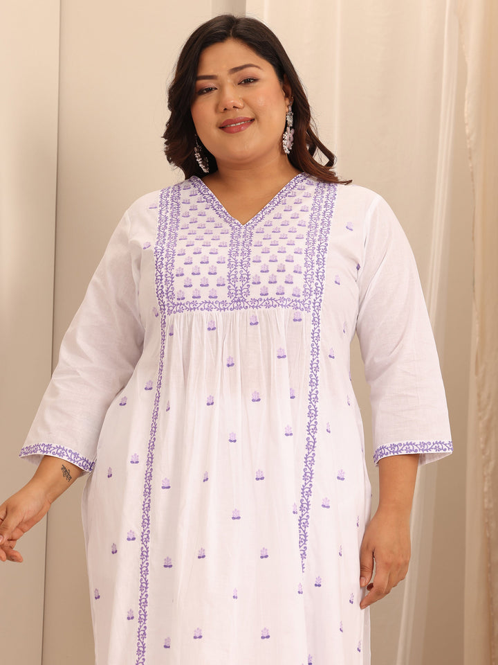 Plus Size White Embroidered Cotton A-Line Suit Set With Dupatta