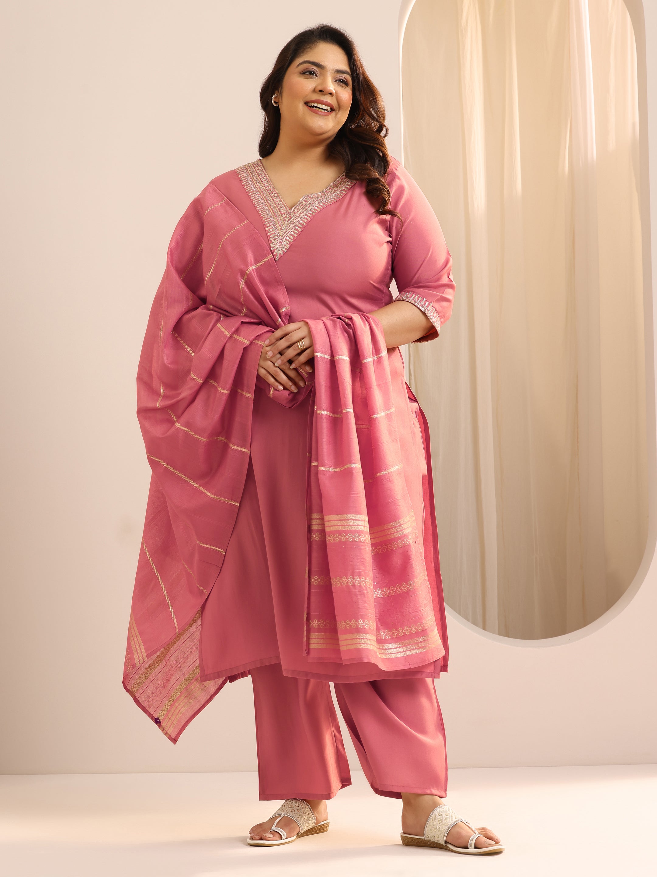 Plus Size Peach Yoke Design Silk Blend Straight Suit With Dupatta