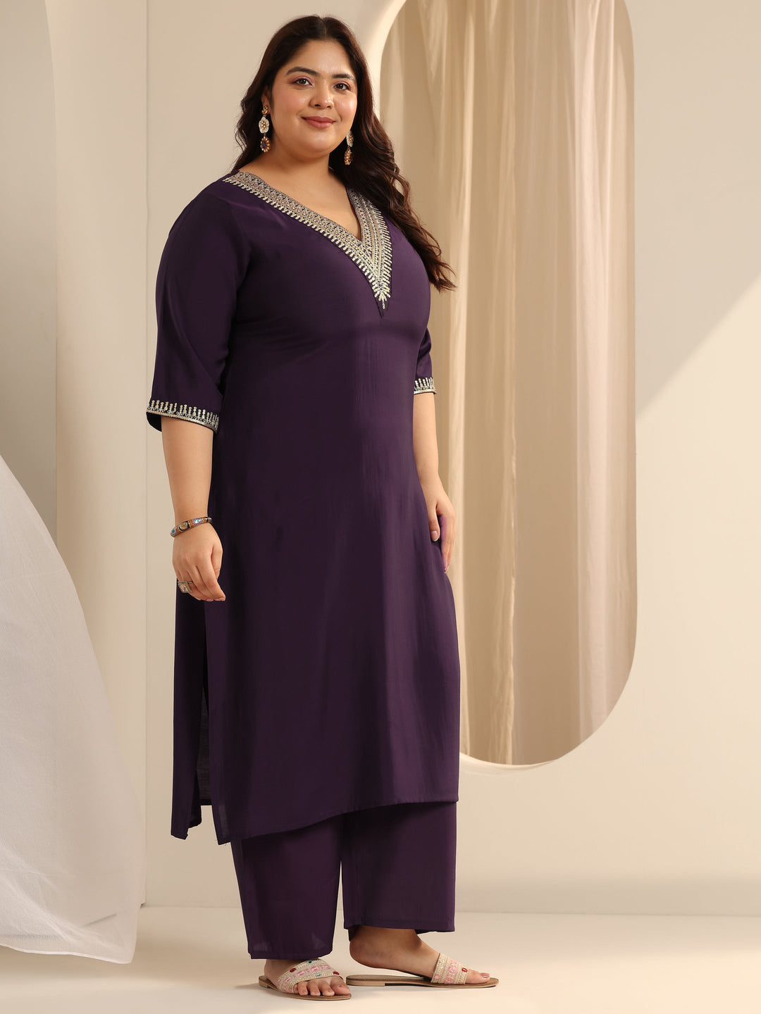 Burgundy Yoke Design Silk blend Straight Suit Set With Dupatta