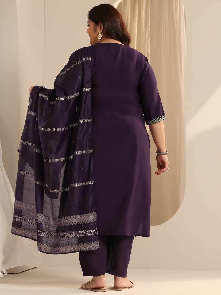 Burgundy Yoke Design Silk blend Straight Suit Set With Dupatta