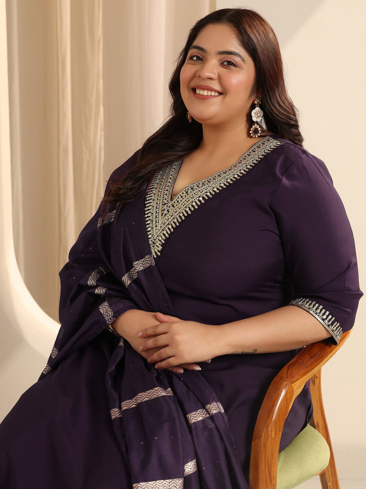 Burgundy Yoke Design Silk blend Straight Suit Set With Dupatta