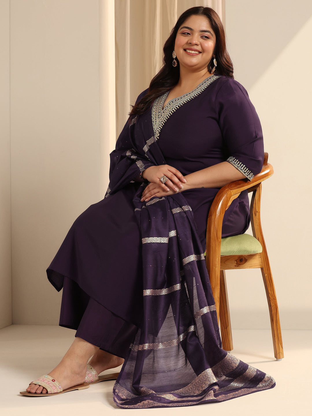 Burgundy Yoke Design Silk blend Straight Suit Set With Dupatta