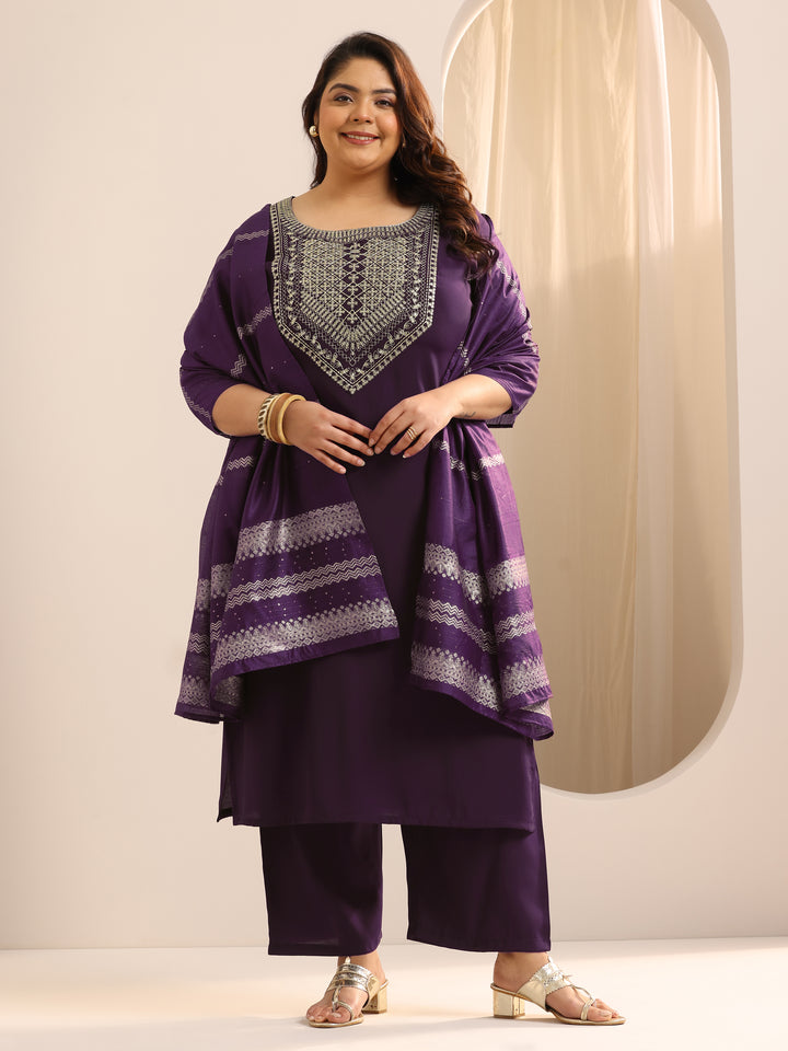 Plus Size Burgundy Yoke Design Silk Blend Suit Set With Dupatta