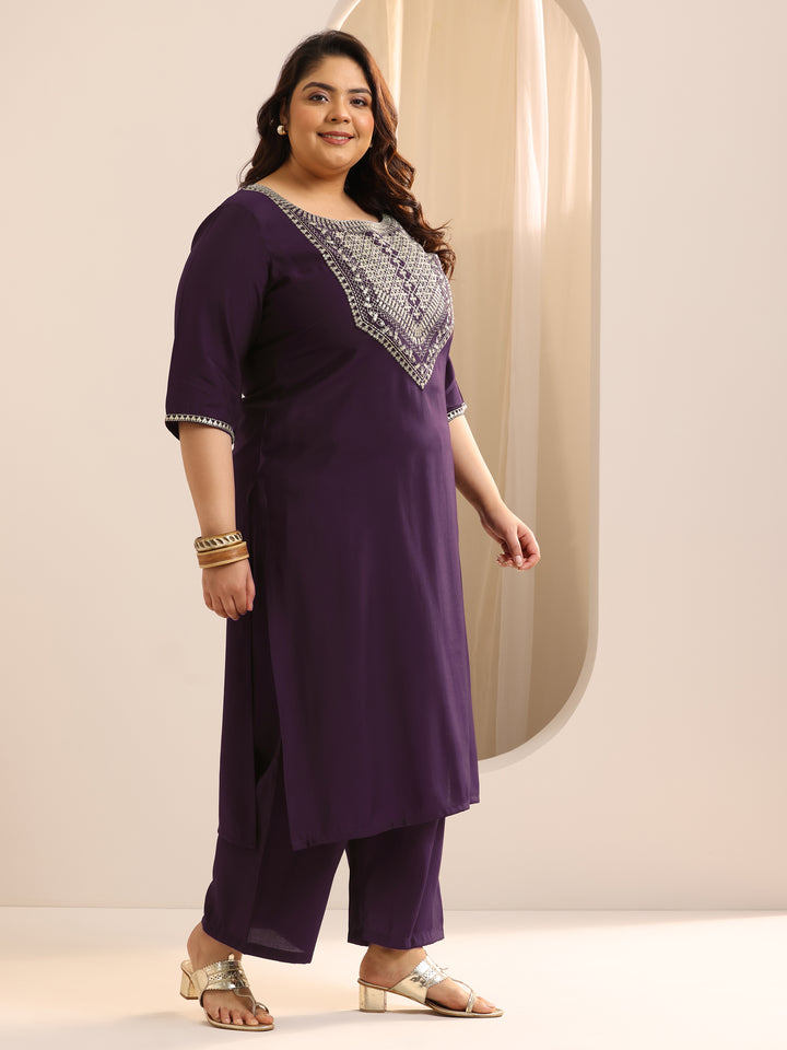 Plus Size Burgundy Yoke Design Silk Blend Suit Set With Dupatta