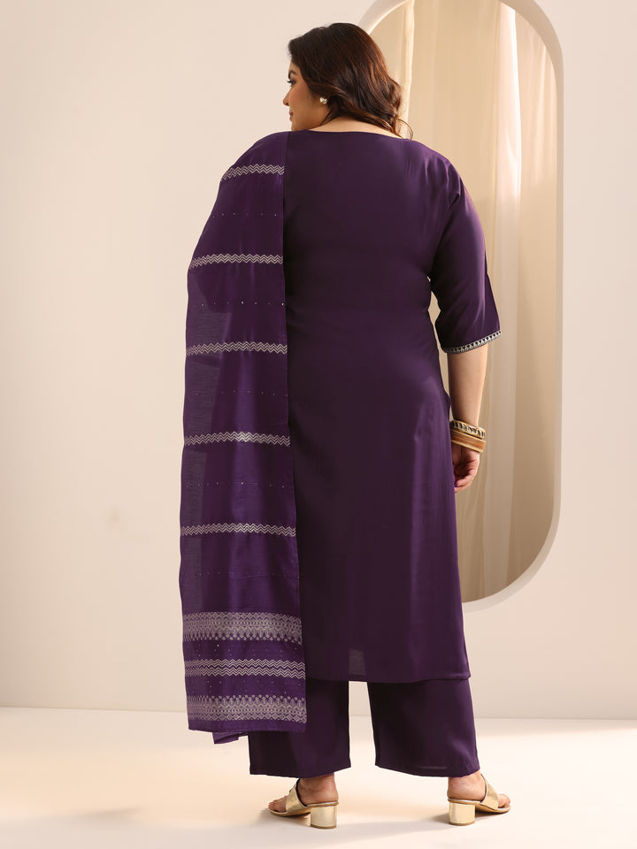 Plus Size Burgundy Yoke Design Silk Blend Suit Set With Dupatta