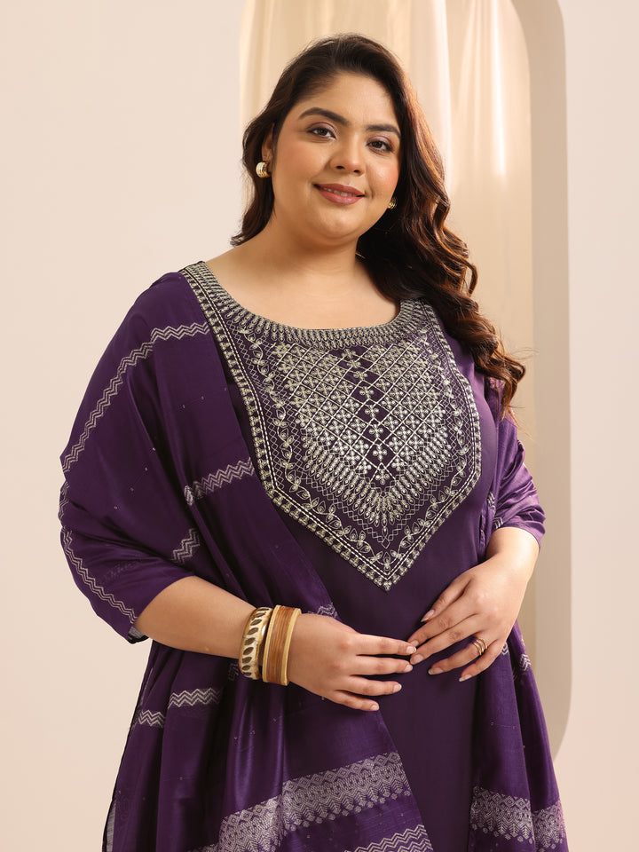 Plus Size Burgundy Yoke Design Silk Blend Suit Set With Dupatta