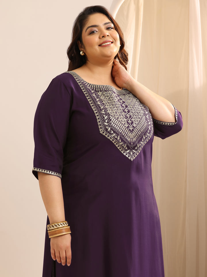 Plus Size Burgundy Yoke Design Silk Blend Suit Set With Dupatta