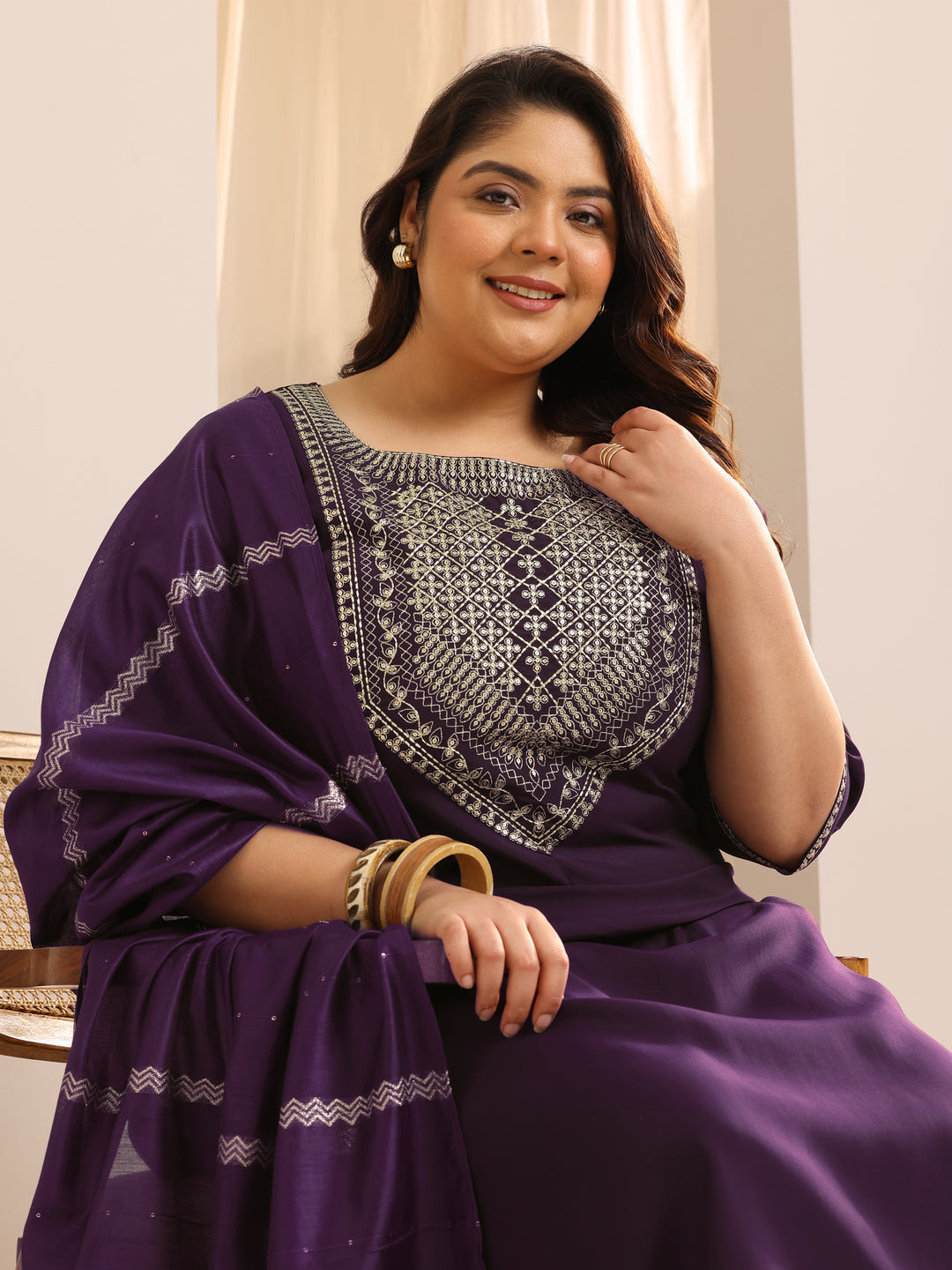 Plus Size Burgundy Yoke Design Silk Blend Suit Set With Dupatta